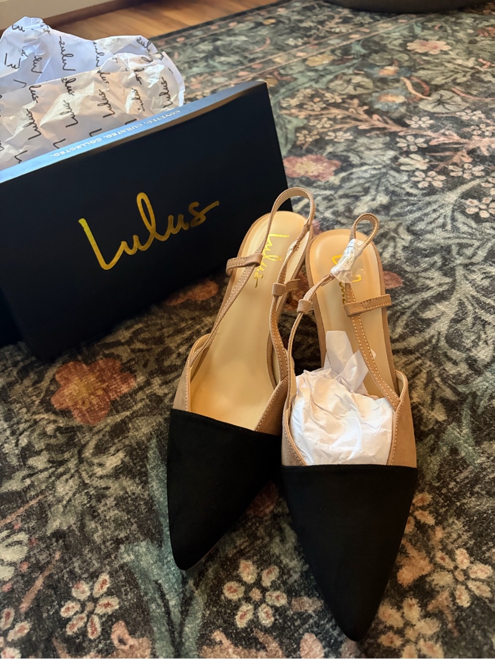 Lulu's Steviee Two-Tone Black & Beige Slingback Heels